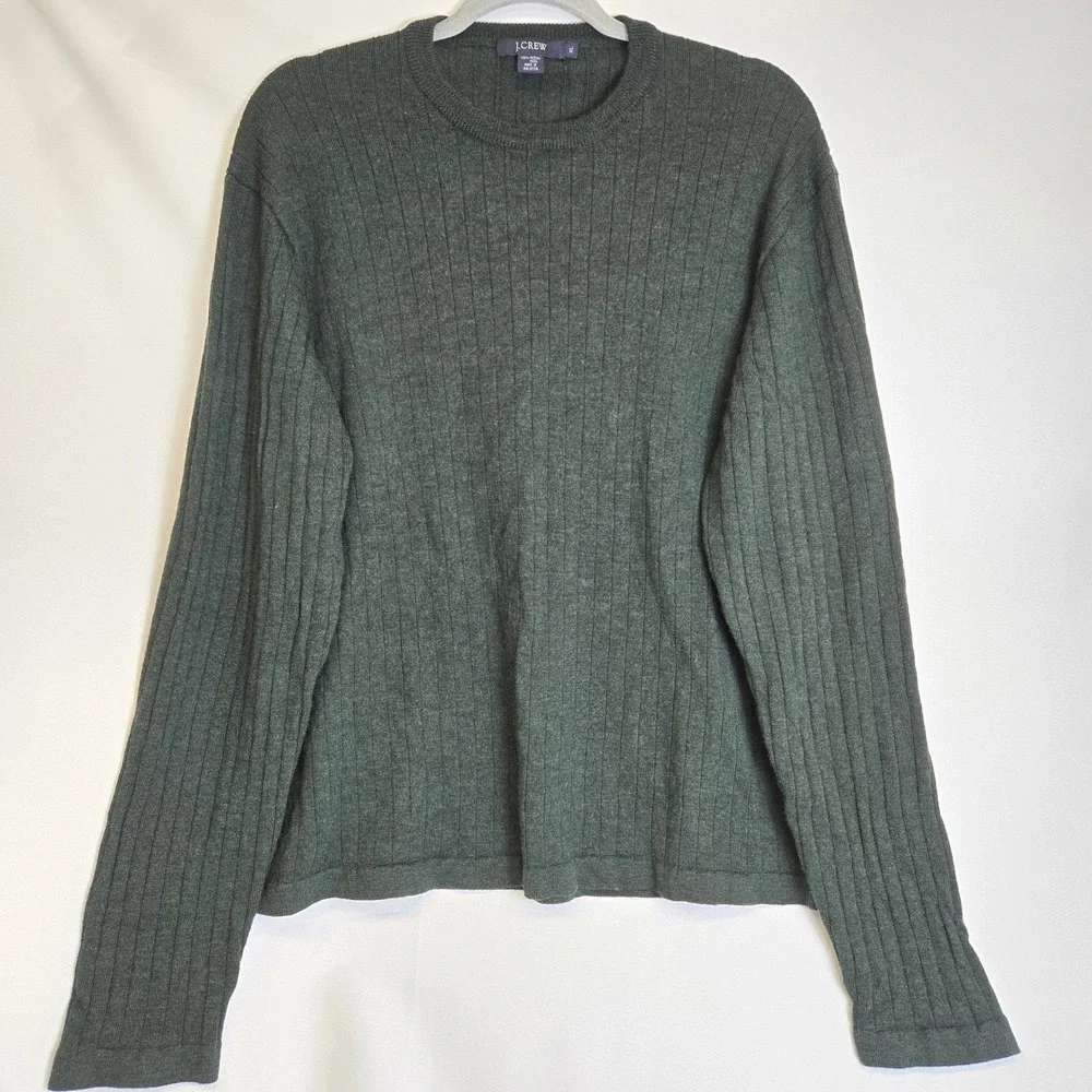 J. Crew 100% Merino Wool Ribbed Long Sleeve Knit Sweater Green Crewneck Men's XL